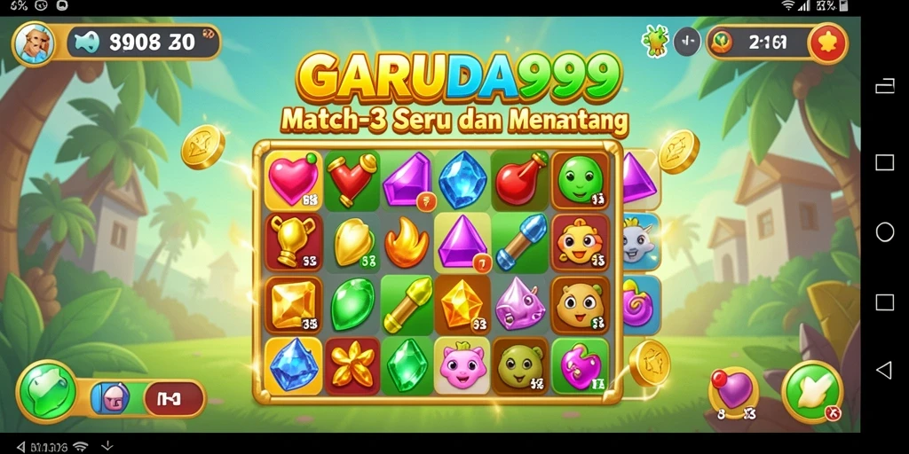 Screenshot utama GARUDA999 menampilkan gameplay Match-3 yang menarik.
