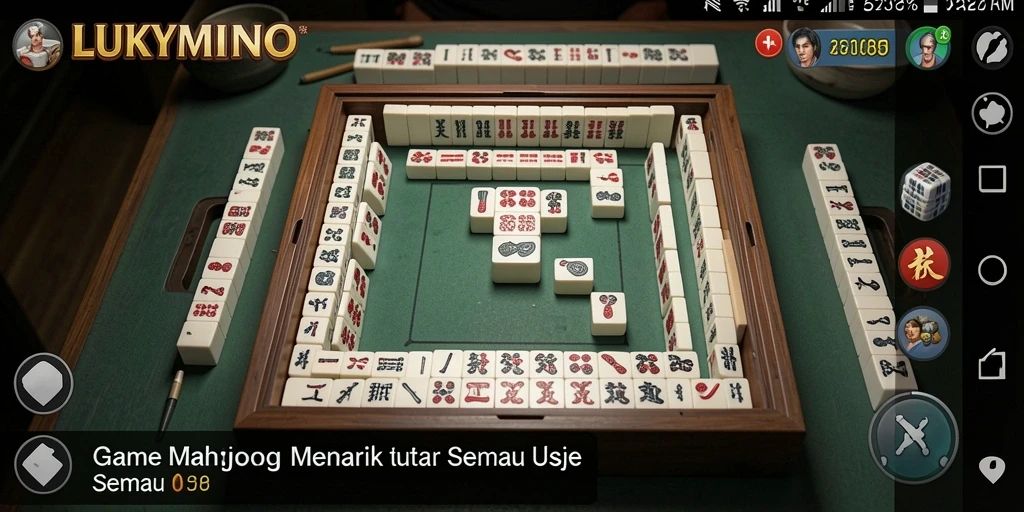Screenshot gameplay LUKYMINO menampilkan ubin Mahjong yang colorful dan antarmuka yang ramah pengguna.