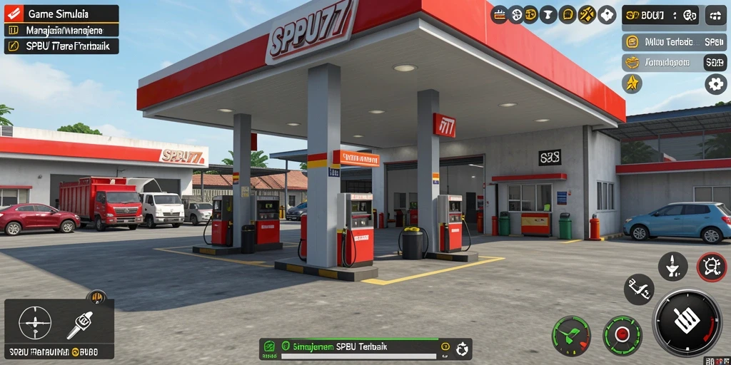 Screenshot gameplay SPBU77 menunjukkan aktivitas manajemen stasiun pengisian bahan bakar.